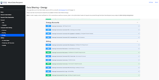 Data Sharing - Energy page listing Energy Accounts and Billing endpoints such as GET /energy/accounts/{accountId}/balance and POST /energy/accounts/billing