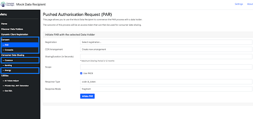 Mock Data Recipient showing the Pushed Authorisation Request page, with the PAR, Consents, Common, Banking and Energy sidebar items highlighted