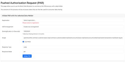 Pushed Authorisation Request form with SharingDuration set to 10000000, a full scope string, Use PKCE selected, Response Type set to code and Response Mode set to jwt