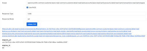 PAR response showing an authorisation URL link followed by the request_uri and an expires_in value of 89