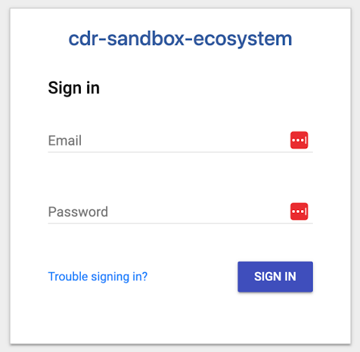 Sign-in form titled cdr-sandbox-ecosystem with Email and Password fields and a Sign in button