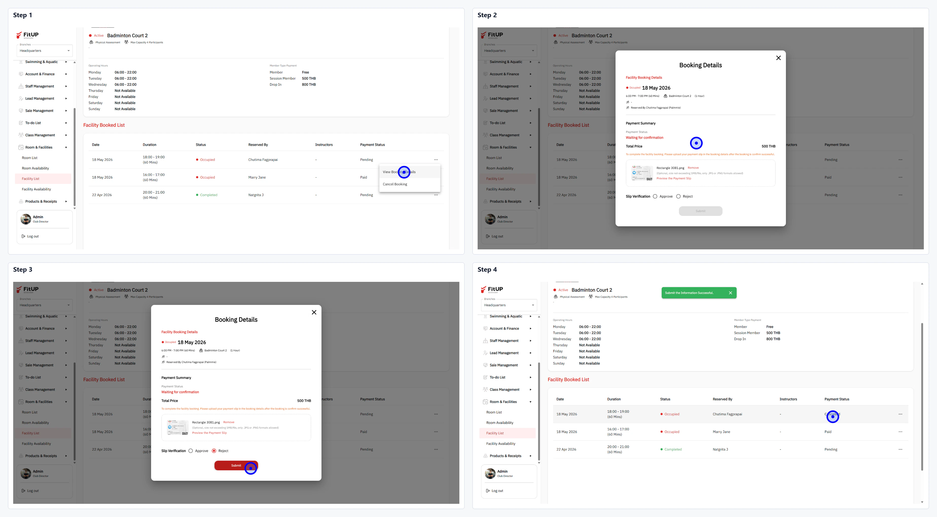 การปฏิเสธการจอง Facility (Reject Booking) การปฏิเสธการจอง Facility ในระบบบริหารจัดการฟิตเนส