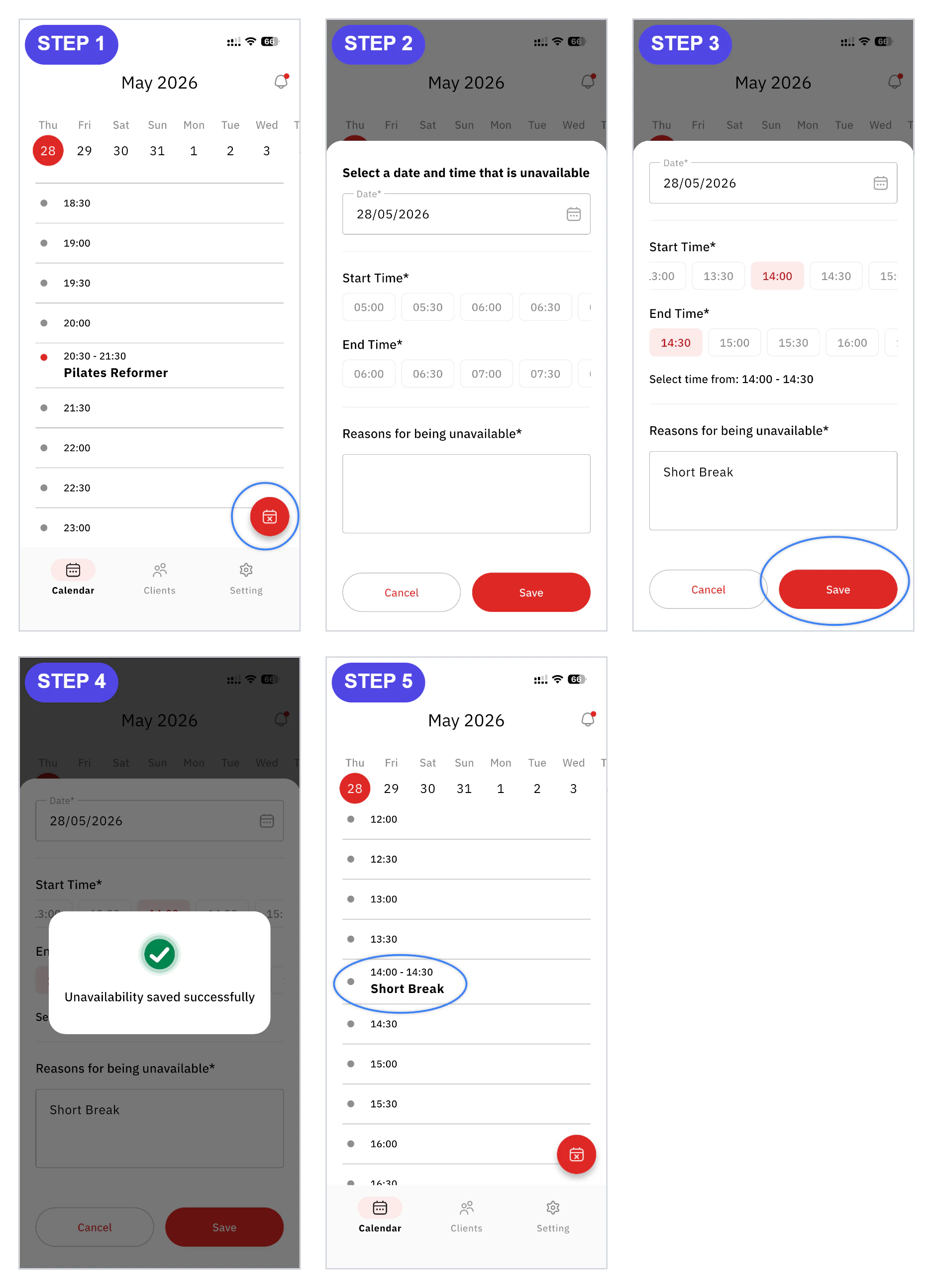 วิธีเพิ่มช่วงเวลาที่ไม่พร้อมสอน (Add Unavailable Slot) วิธีเพิ่มช่วงเวลาที่ไม่พร้อมสอนในแอป FitUP Trainer