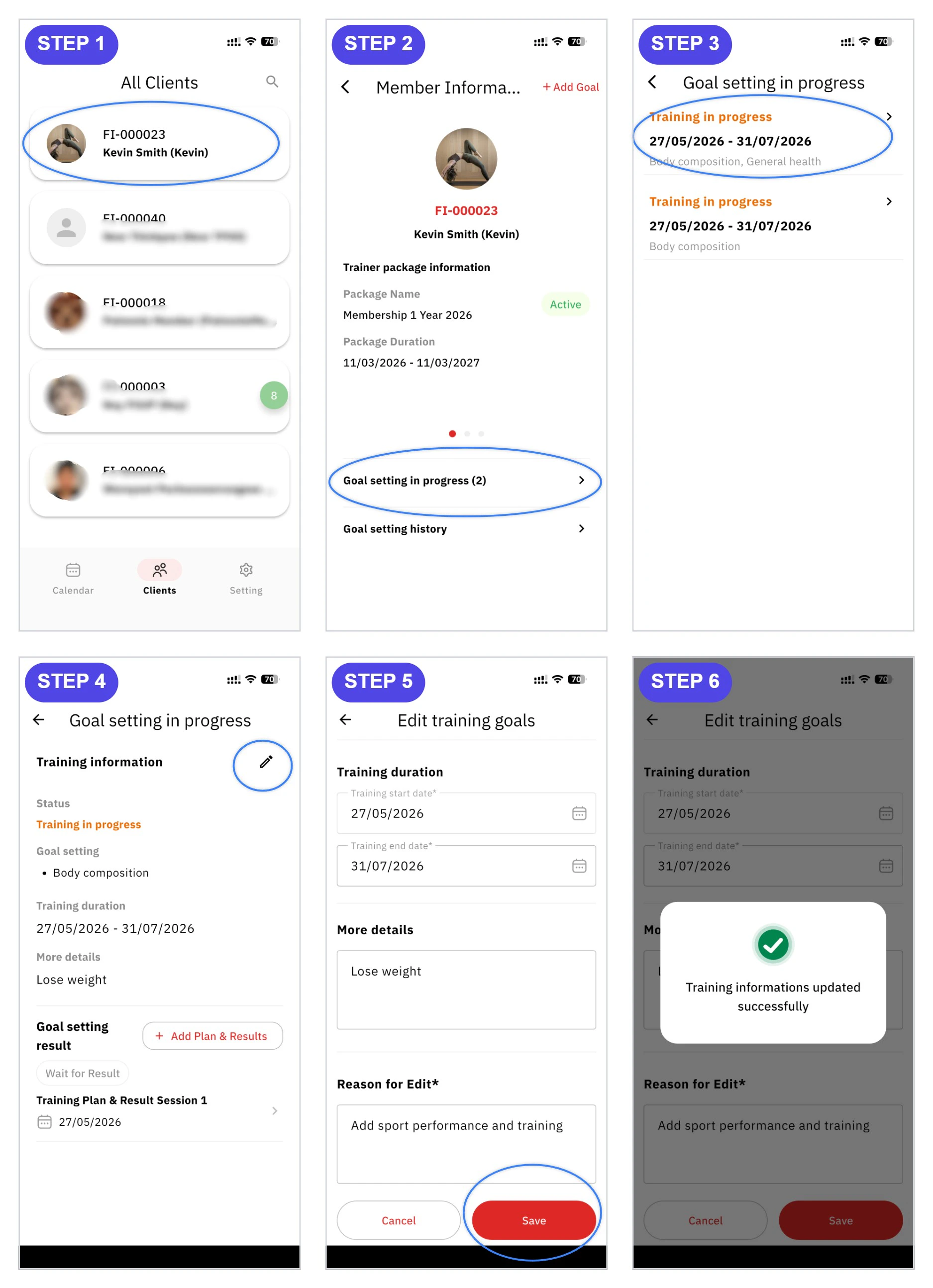 วิธีแก้ไขเป้าหมายการเทรน (Edit Goal Settings) วิธีแก้ไขเป้าหมายการเทรนของสมาชิกในแอป FitUP Trainer