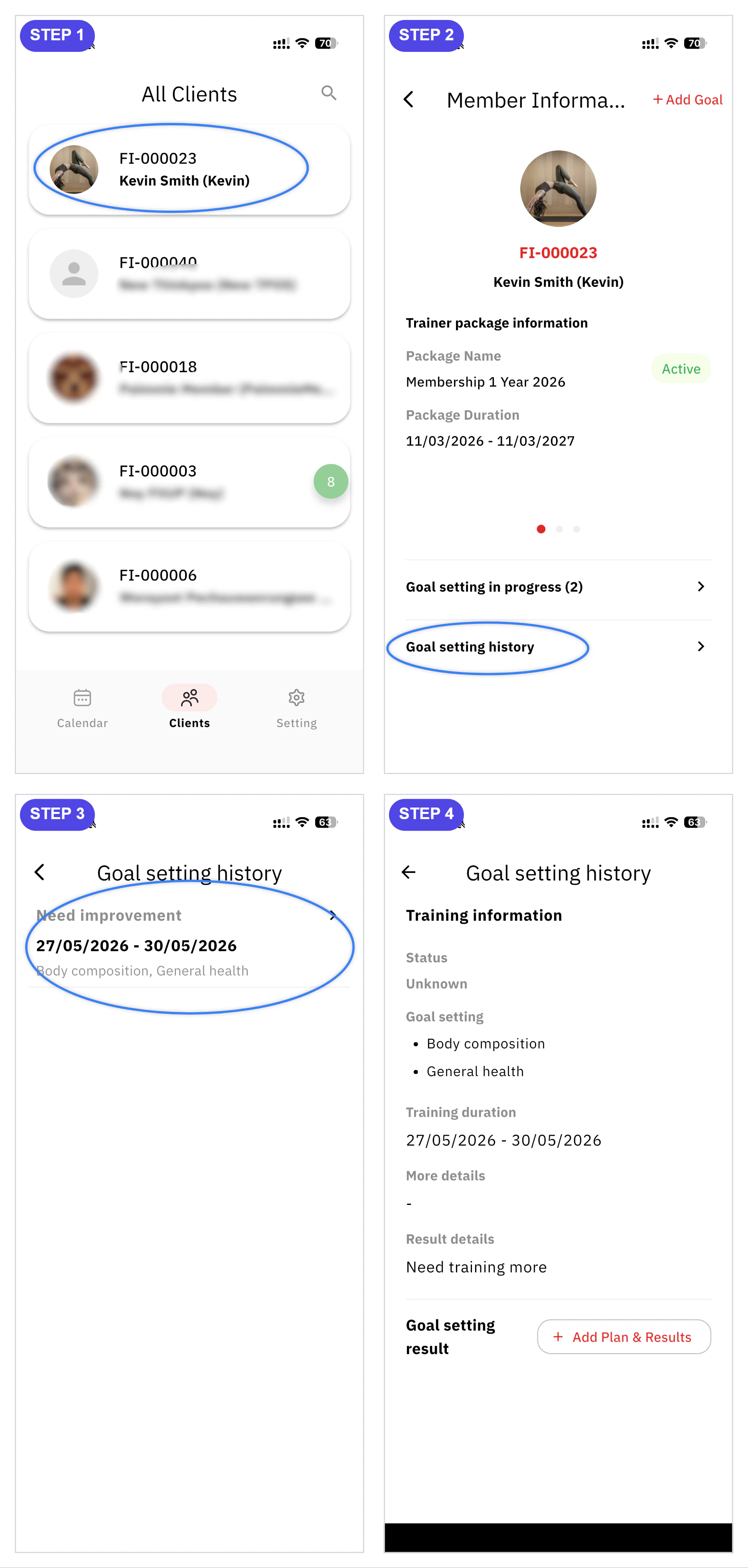 วิธีดูประวัติเป้าหมายการเทรน (Goal Setting History) วิธีดูประวัติเป้าหมายการเทรนของสมาชิกในแอป FitUP Trainer
