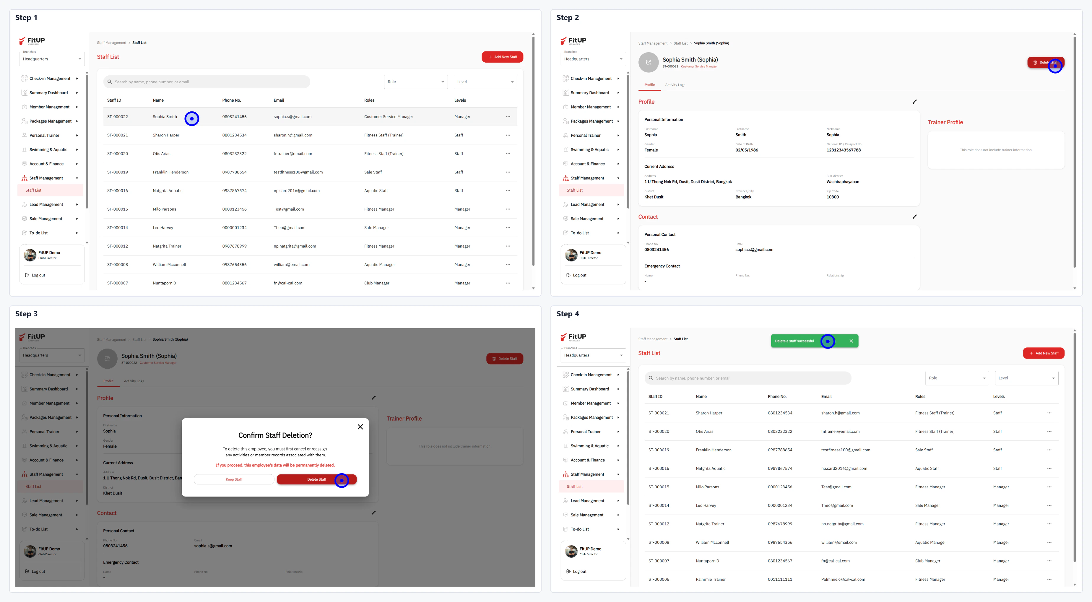 การลบพนักงาน (Delete Staff) การลบพนักงานออกจากระบบบริหารจัดการฟิตเนส