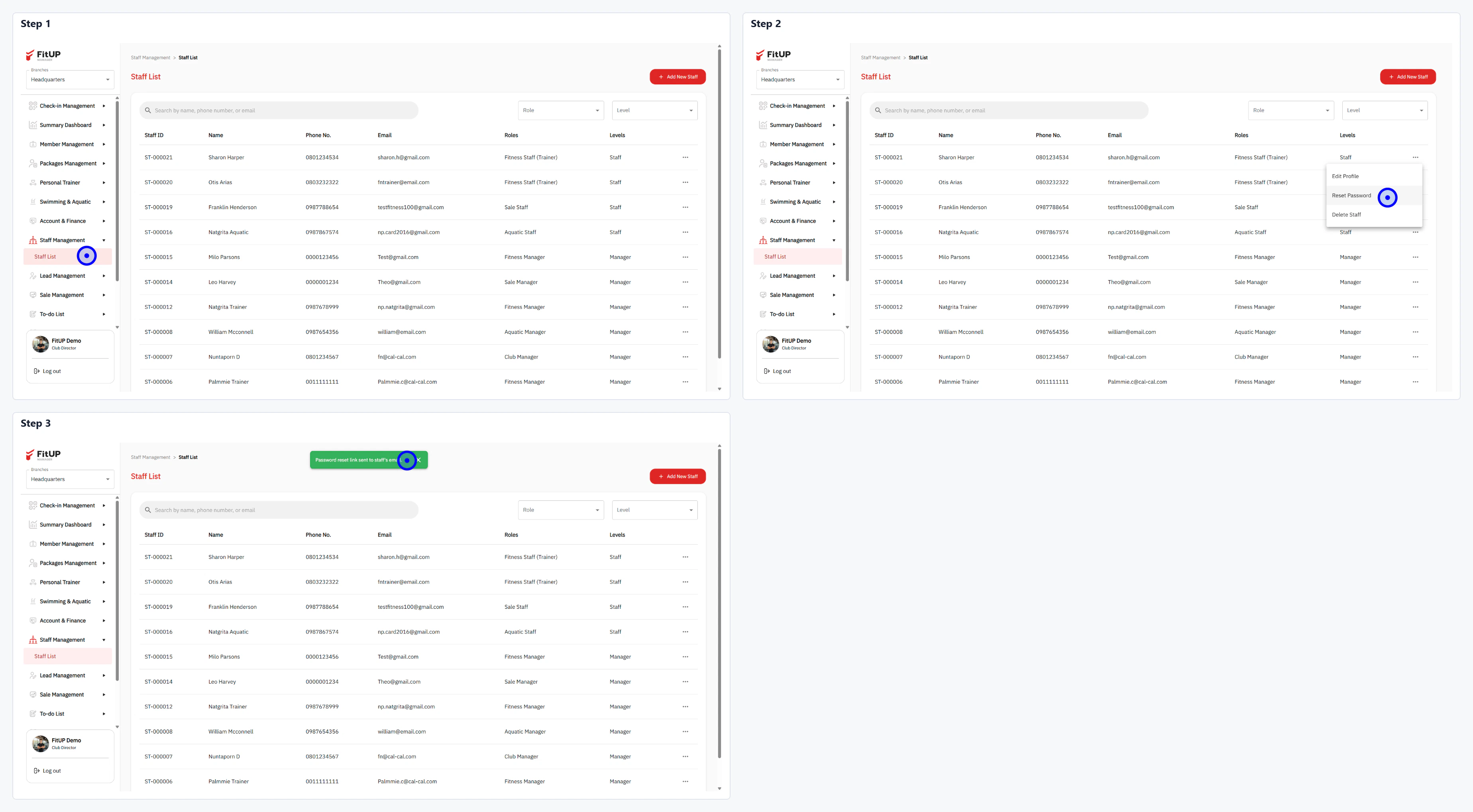 การรีเซ็ตรหัสผ่านพนักงาน (Reset Staff Password) การรีเซ็ตรหัสผ่านพนักงานในระบบบริหารจัดการฟิตเนส