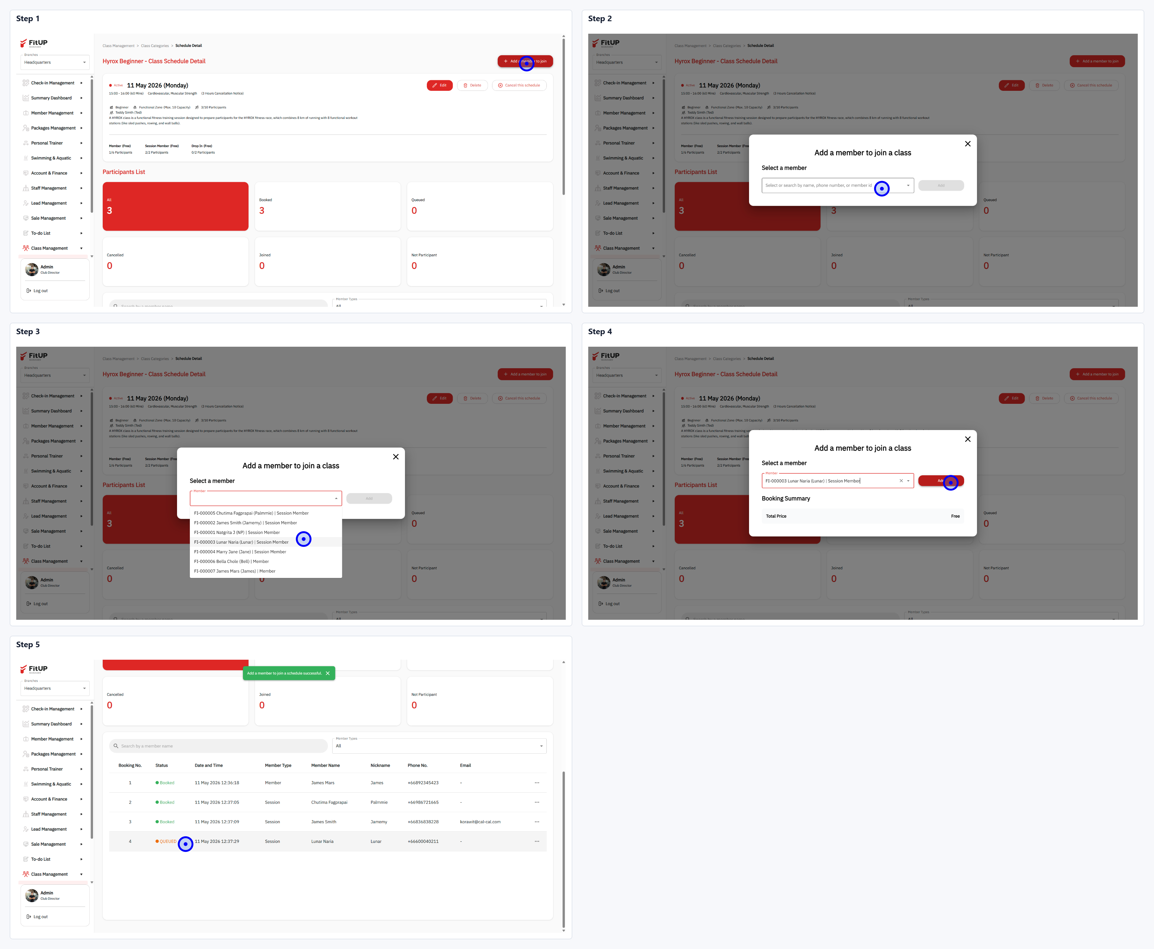 การเพิ่มสมาชิกเข้าคิวรอตารางคลาส (Add Waiting List) - FitUP Documentation