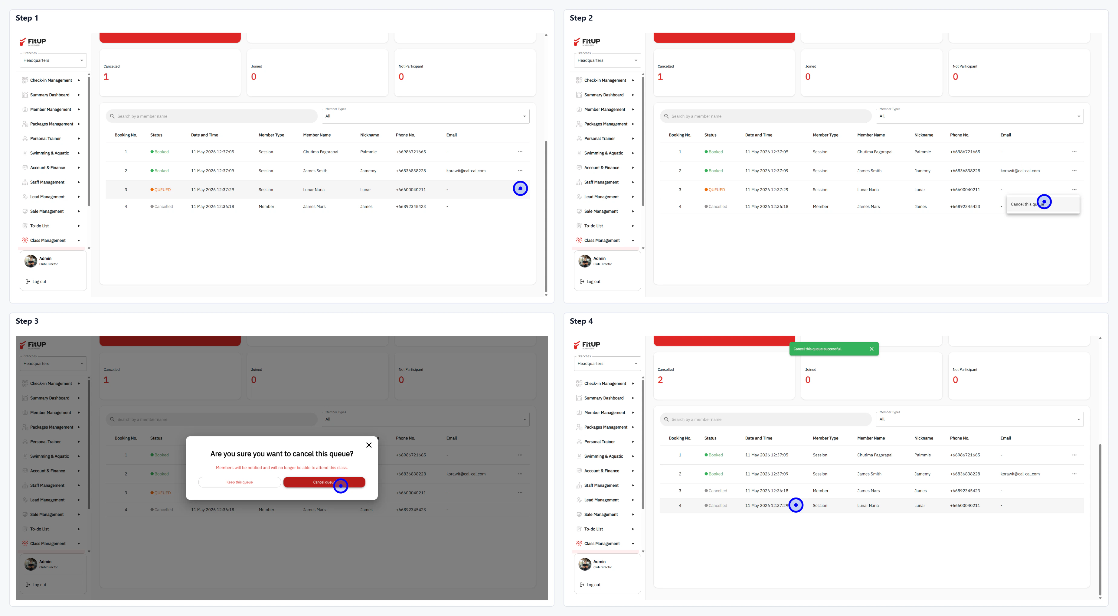 การยกเลิกคิวรอของสมาชิก (Cancel Queue Booking) การยกเลิกคิวรอของสมาชิกในตารางคลาสฟิตเนส