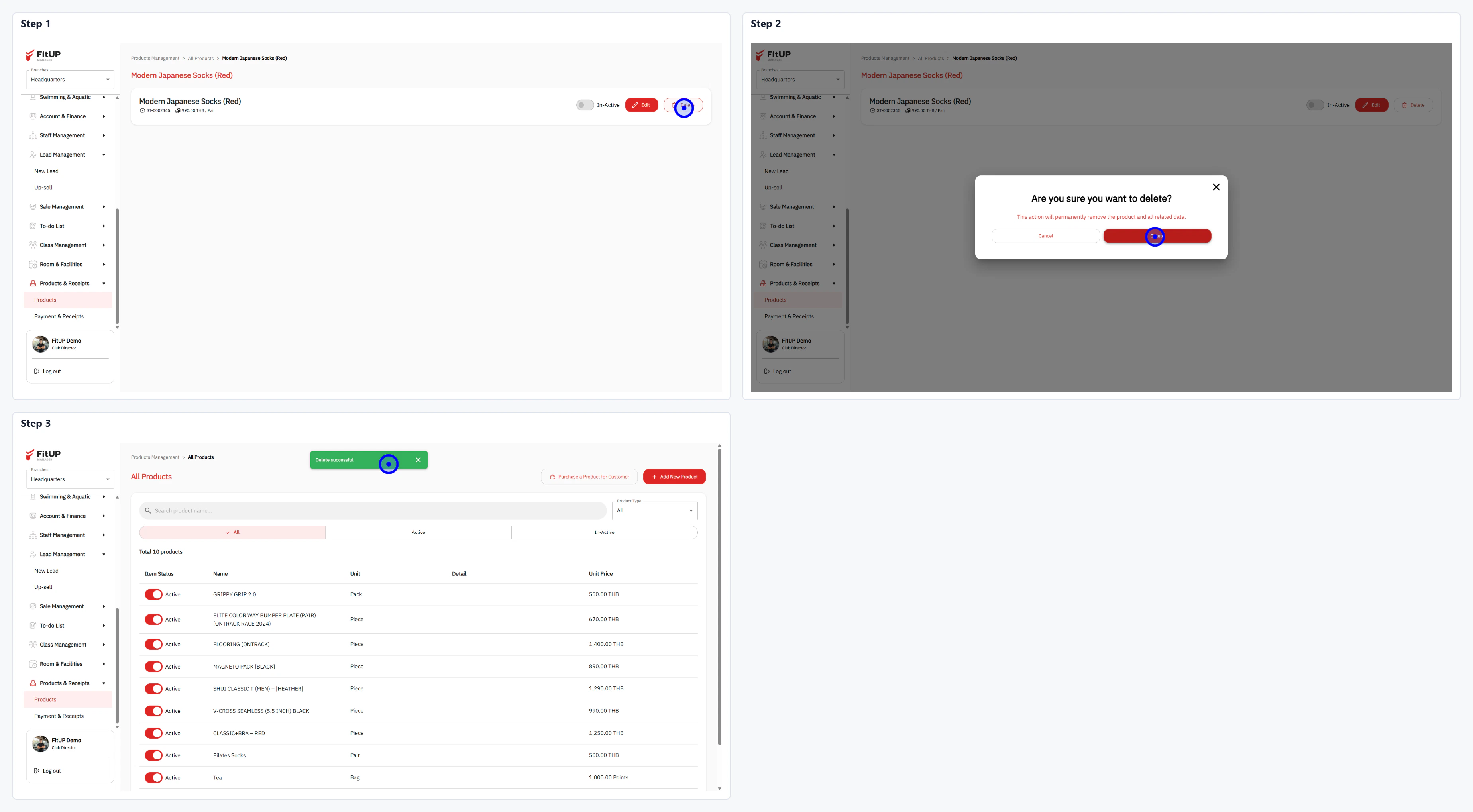 การลบสินค้า (Delete Product) การลบสินค้าออกจากระบบบริหารจัดการฟิตเนส