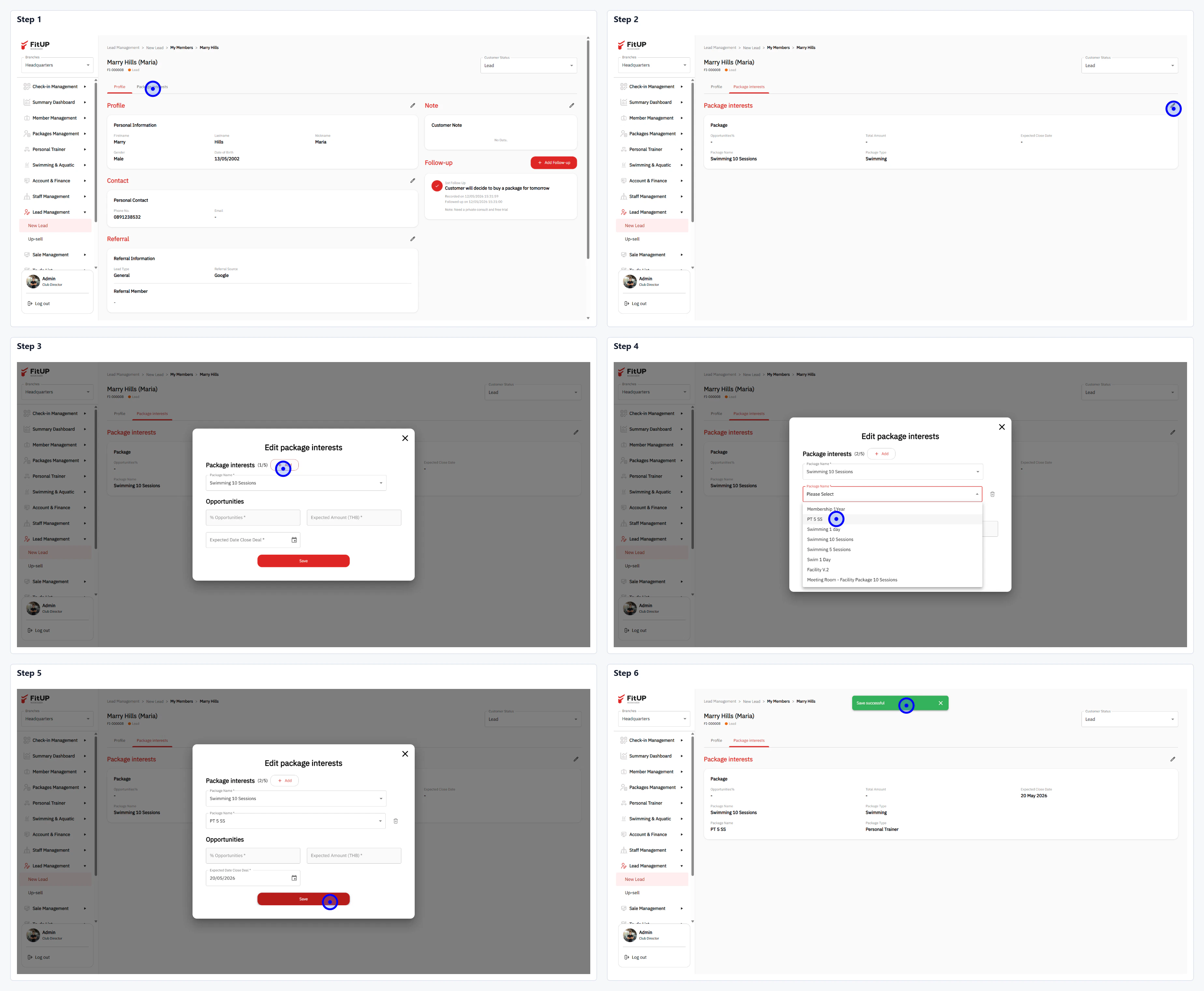 การเพิ่มแพ็กเกจที่สนใจ (Add Package Interests) การเพิ่มแพ็กเกจที่สนใจให้ Lead ในระบบบริหารจัดการฟิตเนส