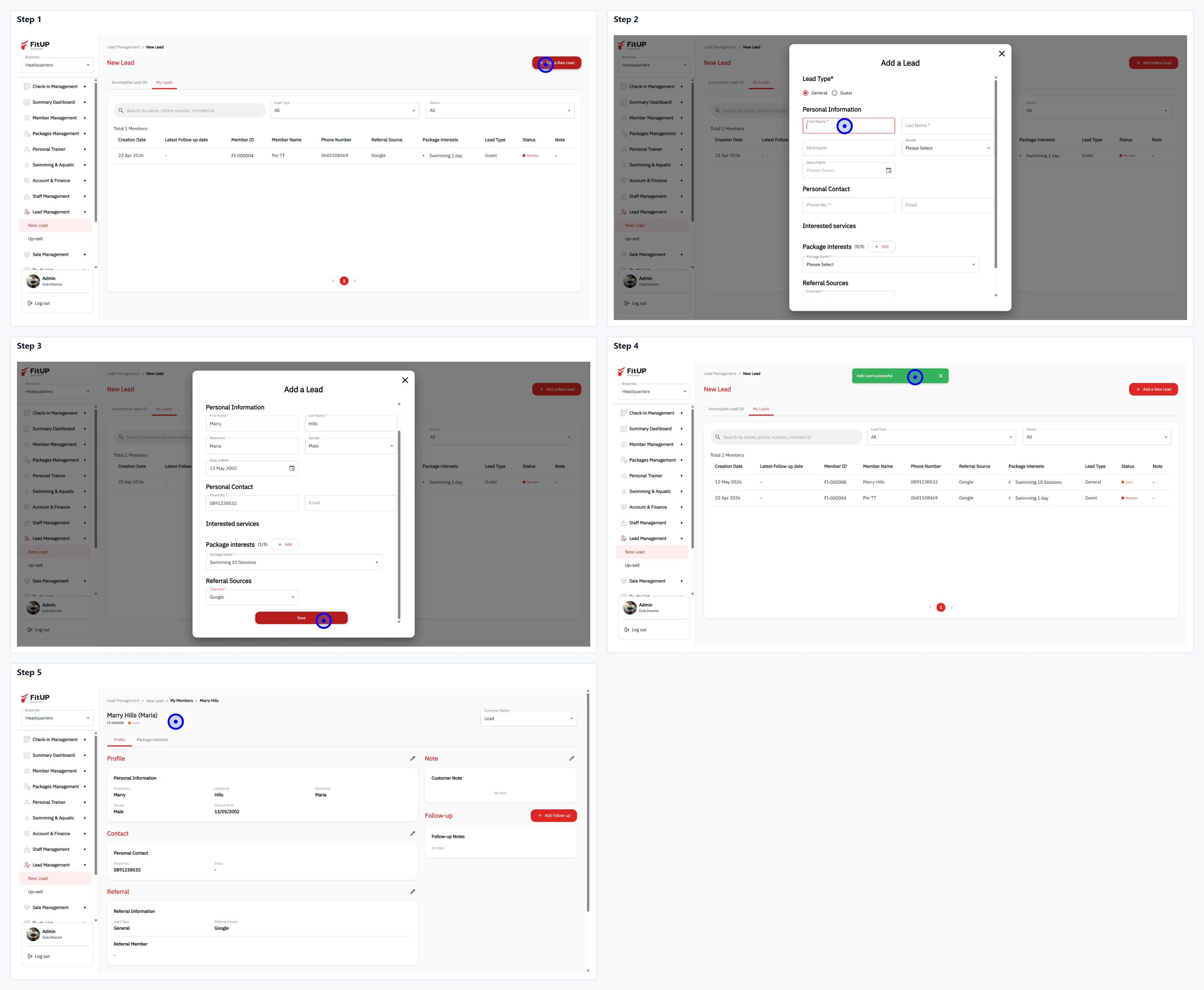 การเพิ่ม Lead ใหม่ (Add New Lead) การเพิ่ม Lead ใหม่ในระบบบริหารจัดการฟิตเนส
