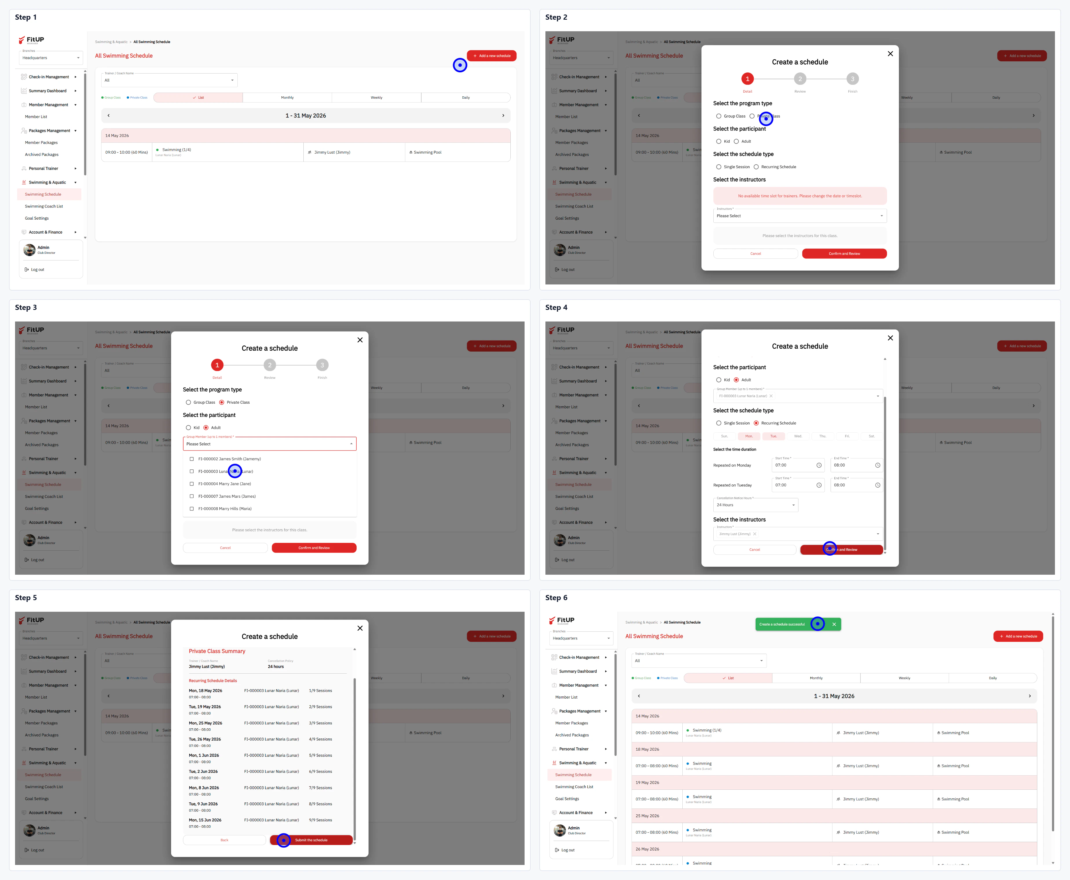 การเพิ่มตาราง Recurring ว่ายน้ำ การเพิ่มตารางว่ายน้ำแบบประจำในระบบบริหารจัดการฟิตเนส