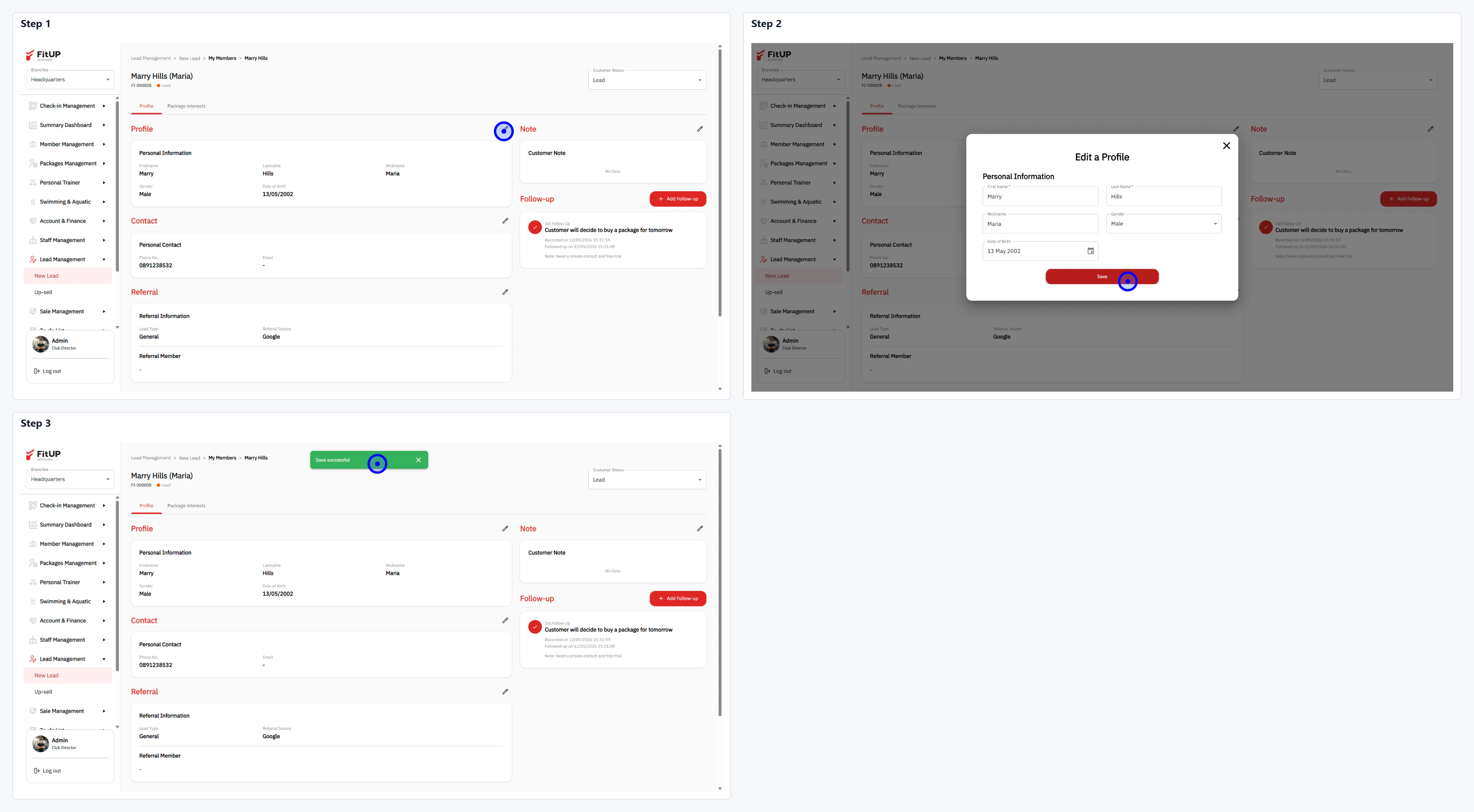 การแก้ไขโปรไฟล์ Lead (Edit Lead Profile) การแก้ไขโปรไฟล์ Lead ในระบบบริหารจัดการฟิตเนส