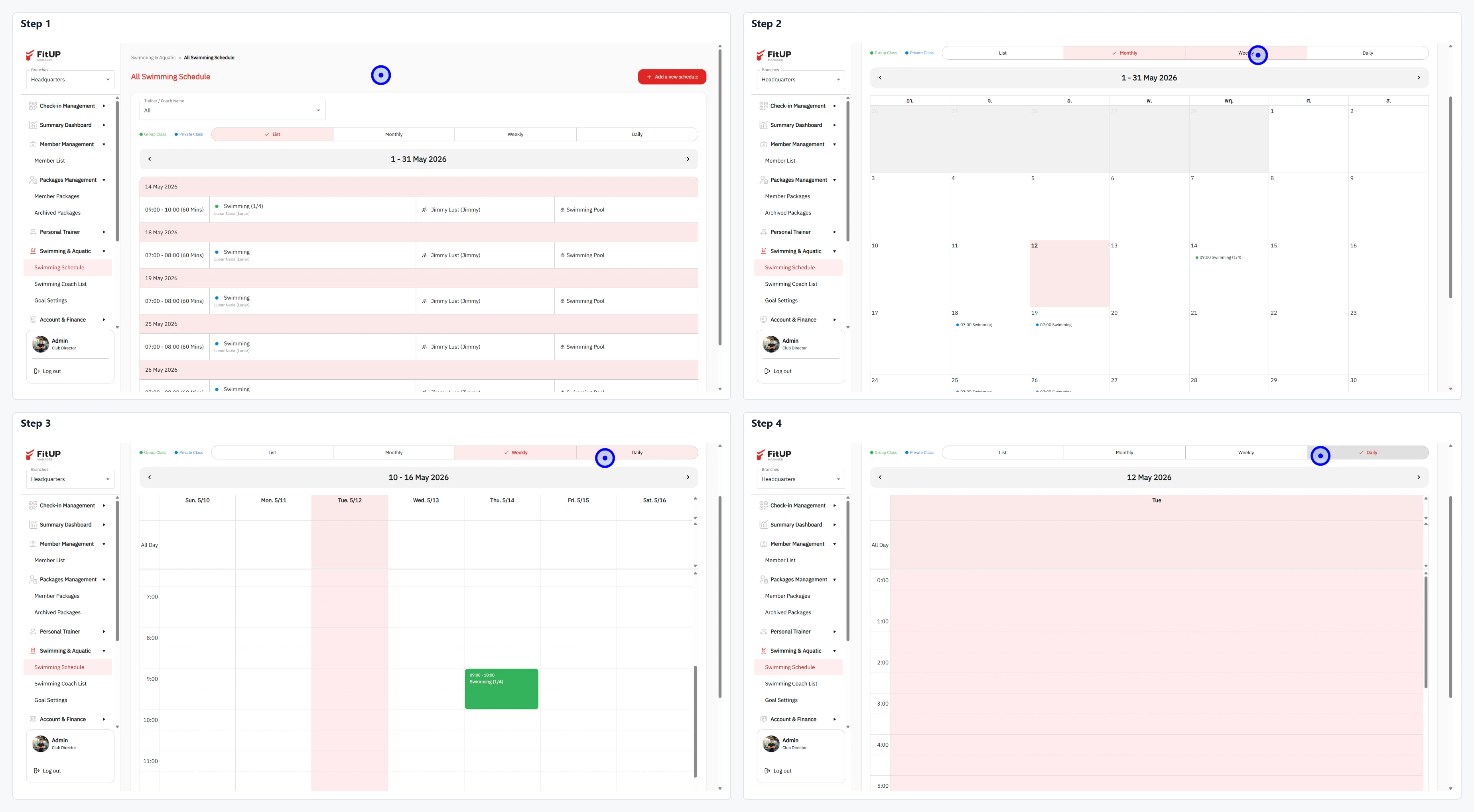 การดูตารางว่ายน้ำ (Swimming Schedule) การดูตารางคลาสว่ายน้ำในระบบบริหารจัดการฟิตเนส