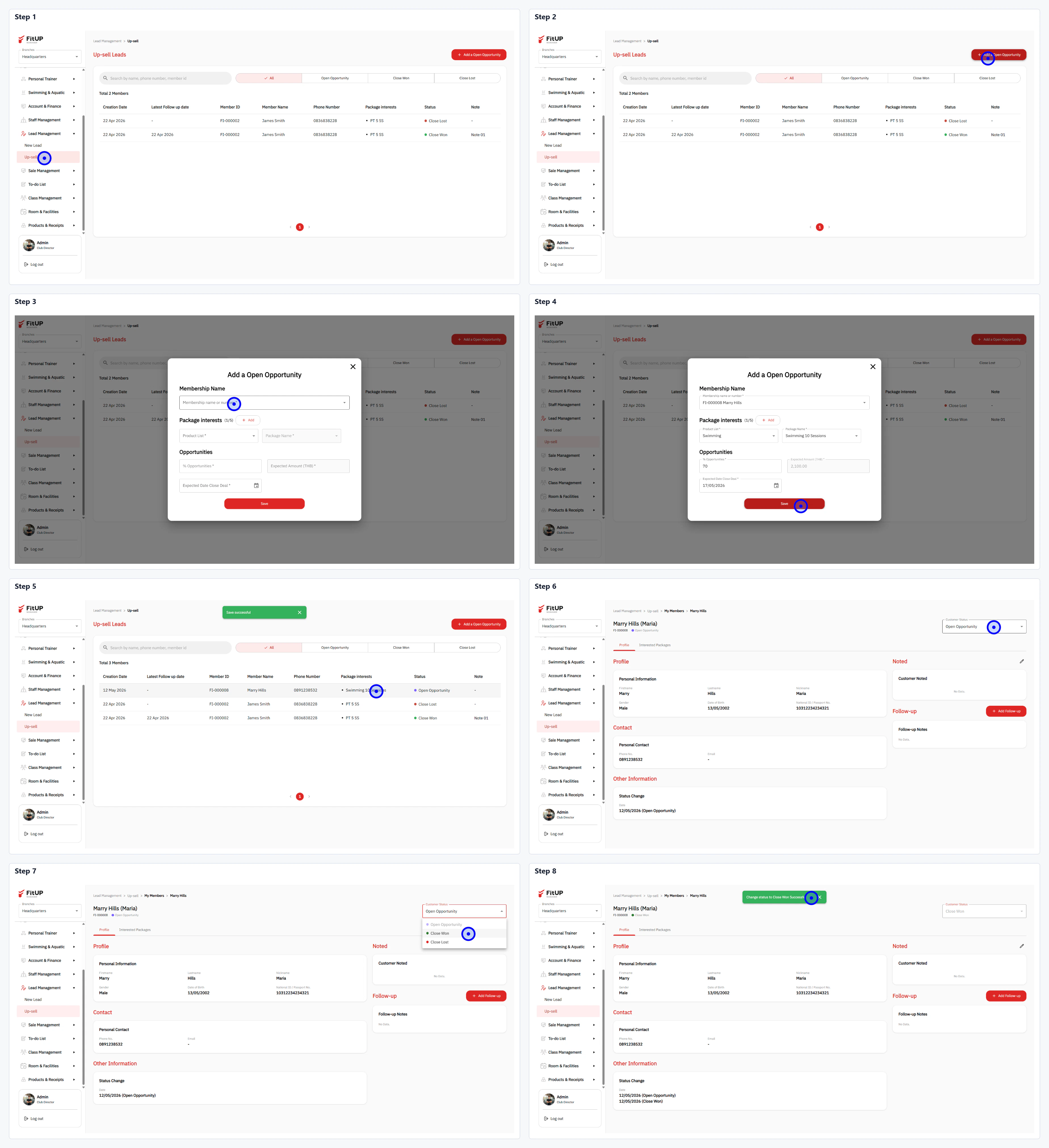 การปิดการขาย Close Won (Up-Sell) การปิดโอกาสการขาย Up-Sell แบบ Close Won ในระบบบริหารจัดการฟิตเนส