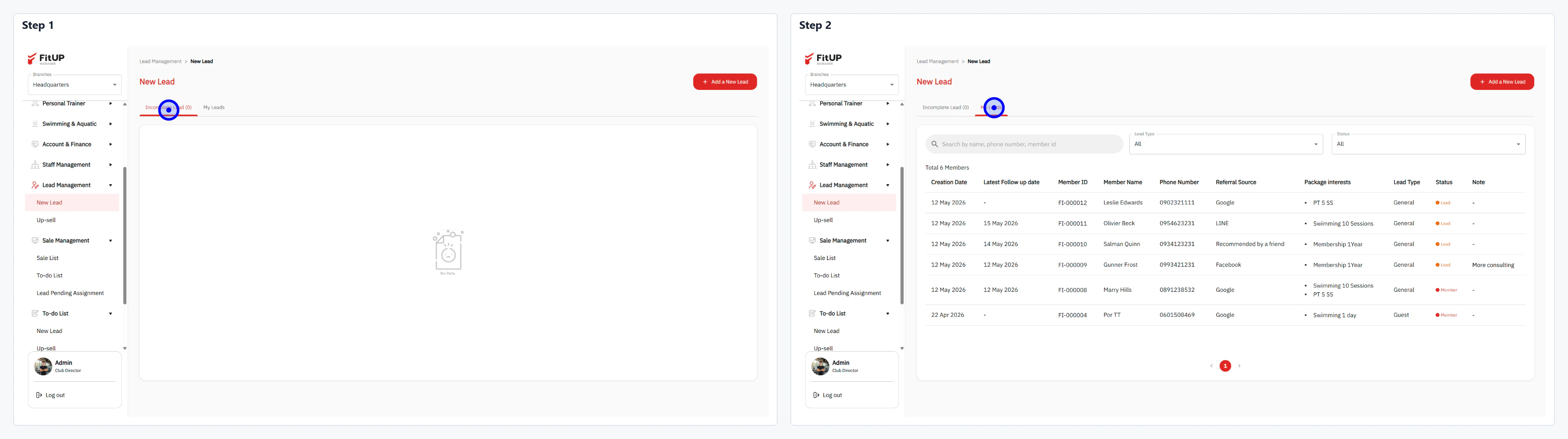 การดูรายการ Lead ของตนเอง (View My Lead) การดูรายการลูกค้าเป้าหมายในระบบบริหารจัดการฟิตเนส
