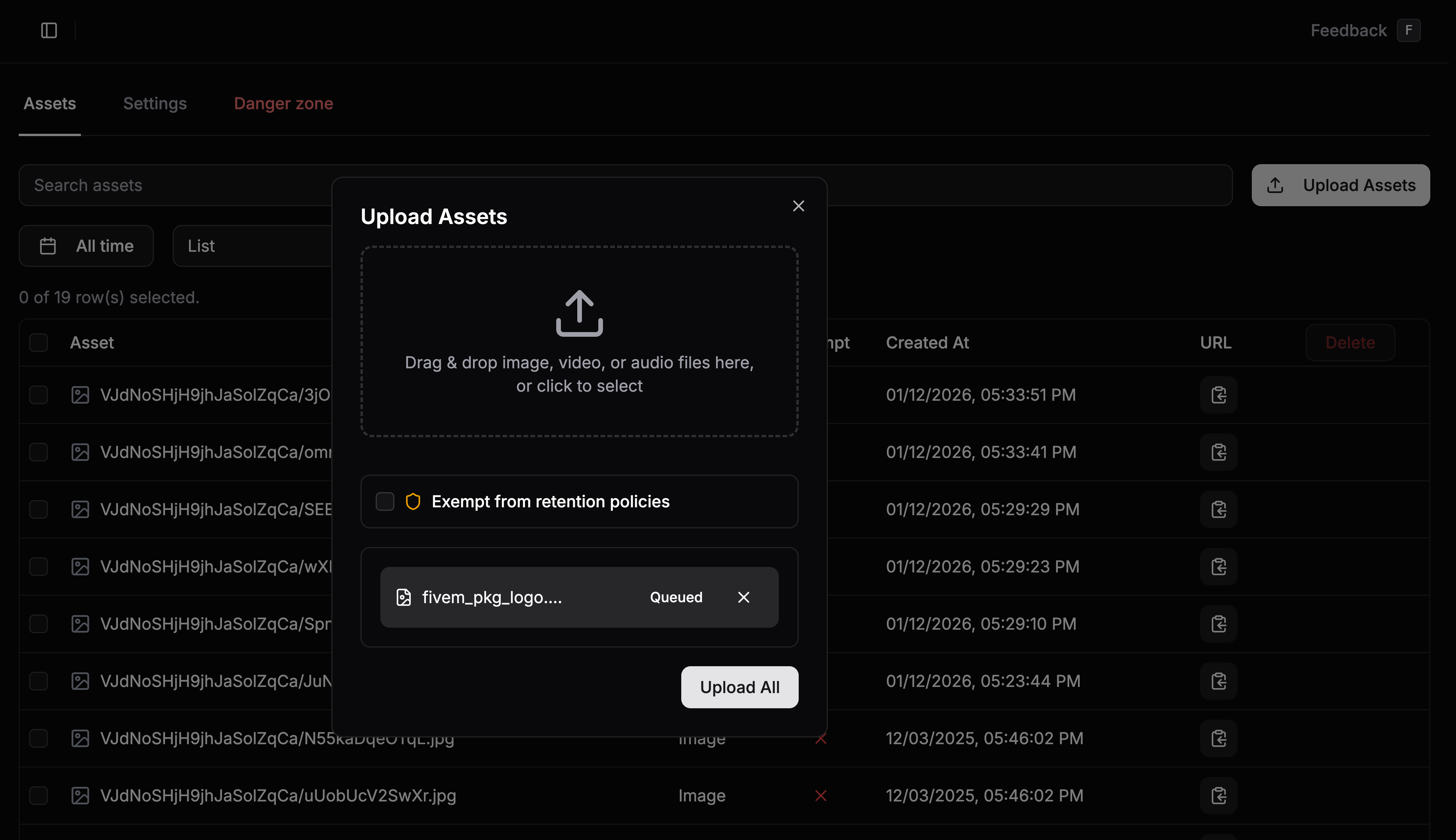 Upload dialog with drag and drop zone