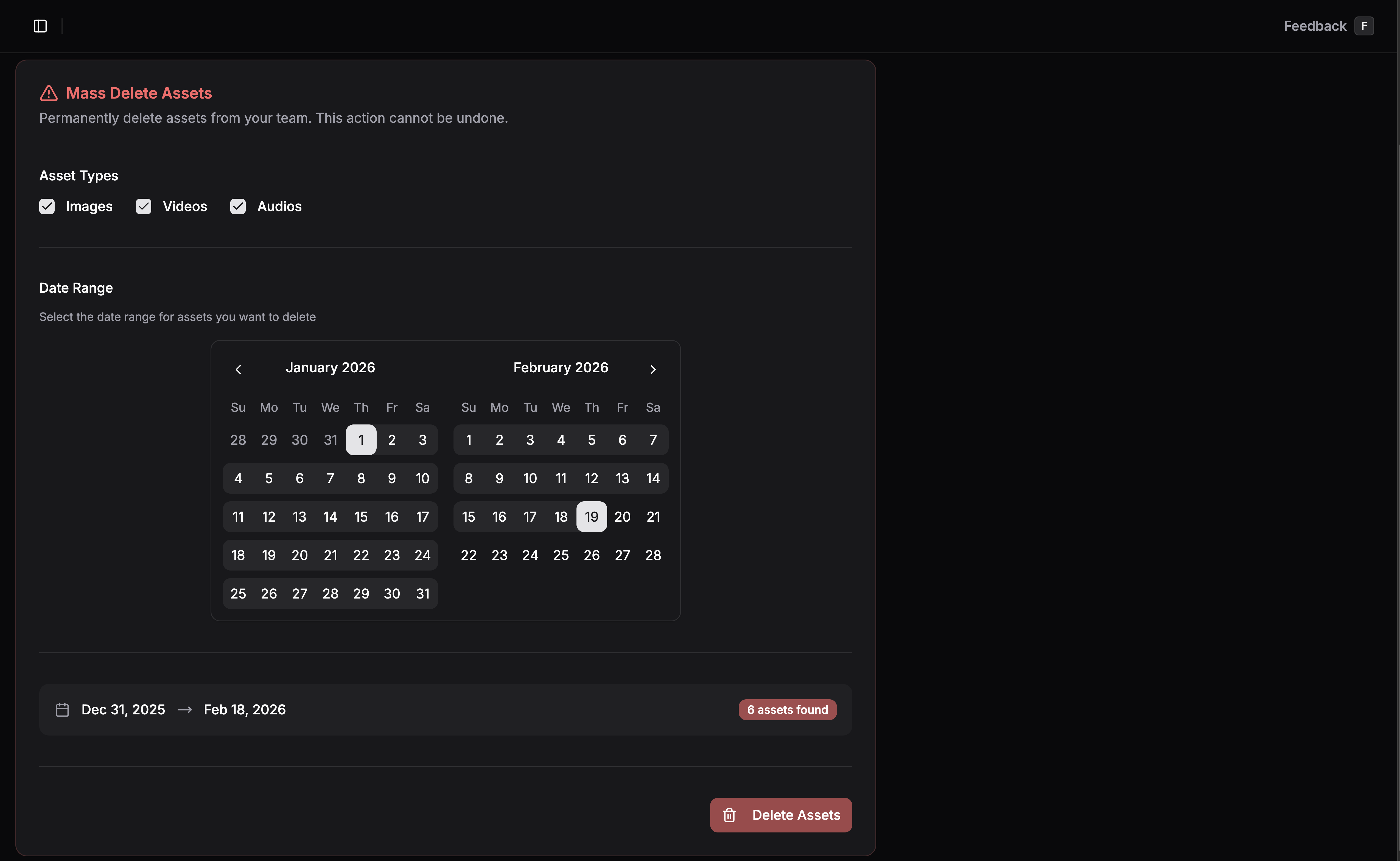 Mass delete interface with date range selector