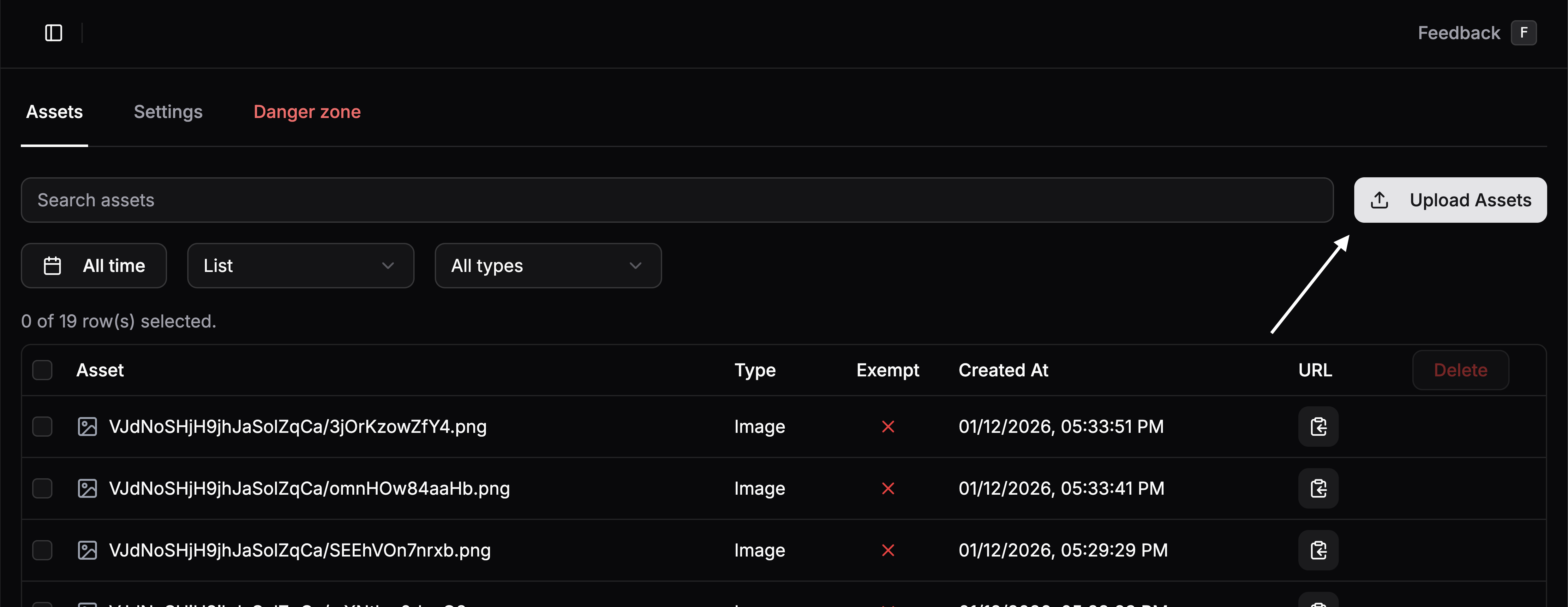 Upload button in the storage dashboard