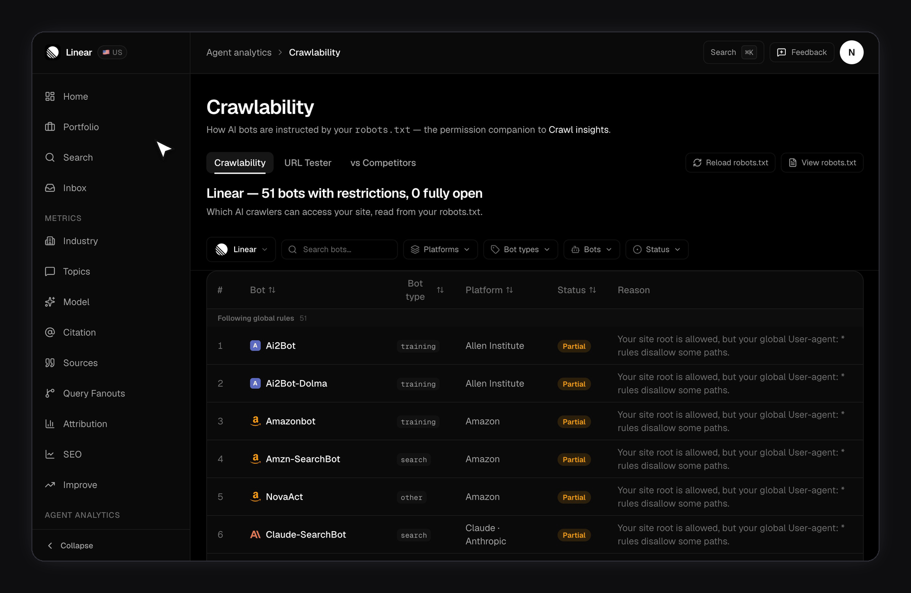 FixAEO Crawlability page: URL Tester with the path https://linear.app/api/ returning 51 blocked and 0 allowed, then a switch to the vs Competitors matrix comparing Linear against seven competitors