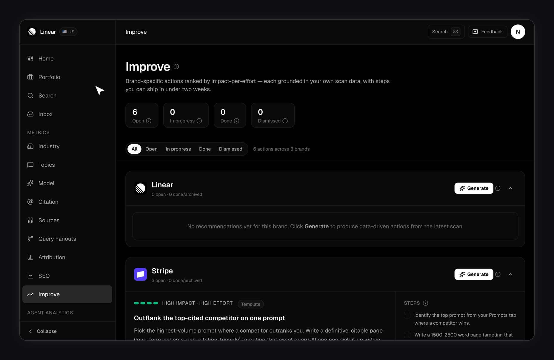 FixAEO Improve page: a Stripe recommendation card showing HIGH IMPACT · HIGH EFFORT next to the title 'Outflank the top-cited competitor on one prompt', with a three-step checklist on the right for identifying the prompt, writing a long-form page, and publishing it
