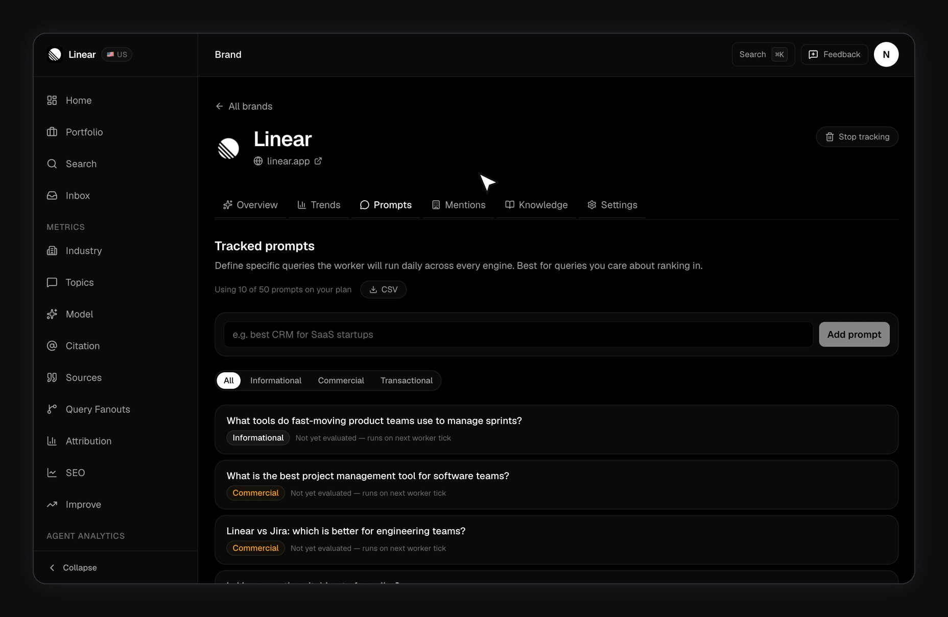 Prompts tab on a brand page: typing a natural-language prompt into the input, clicking Add prompt, and the row appearing at the top of the tracked list with an auto-classified Commercial chip, the plan counter jumping from 10 to 11 of 50, and a toast that reads Prompt added — Daily eval starts on next worker tick