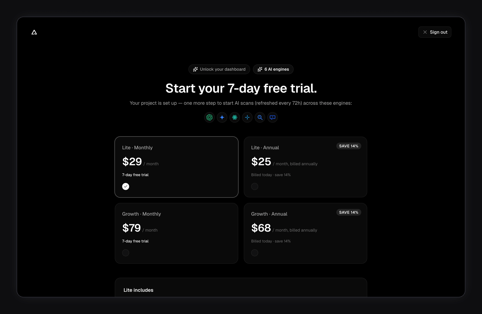 In-app paywall: clicking the Lite Annual card selects it and the page heading changes to Pick a plan to keep tracking your brand, clicking the Lite Monthly card selects it and the heading flips back to Start your 7-day free trial — one page state carrying the trial vs billed-today distinction