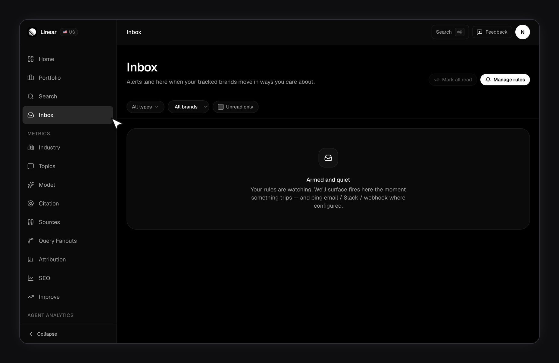 Inbox page with active rules but zero fired events: an Armed and quiet card explains that your rules are set and watching, with reassurance that fires will land here plus email, Slack, and webhook depending on the rule