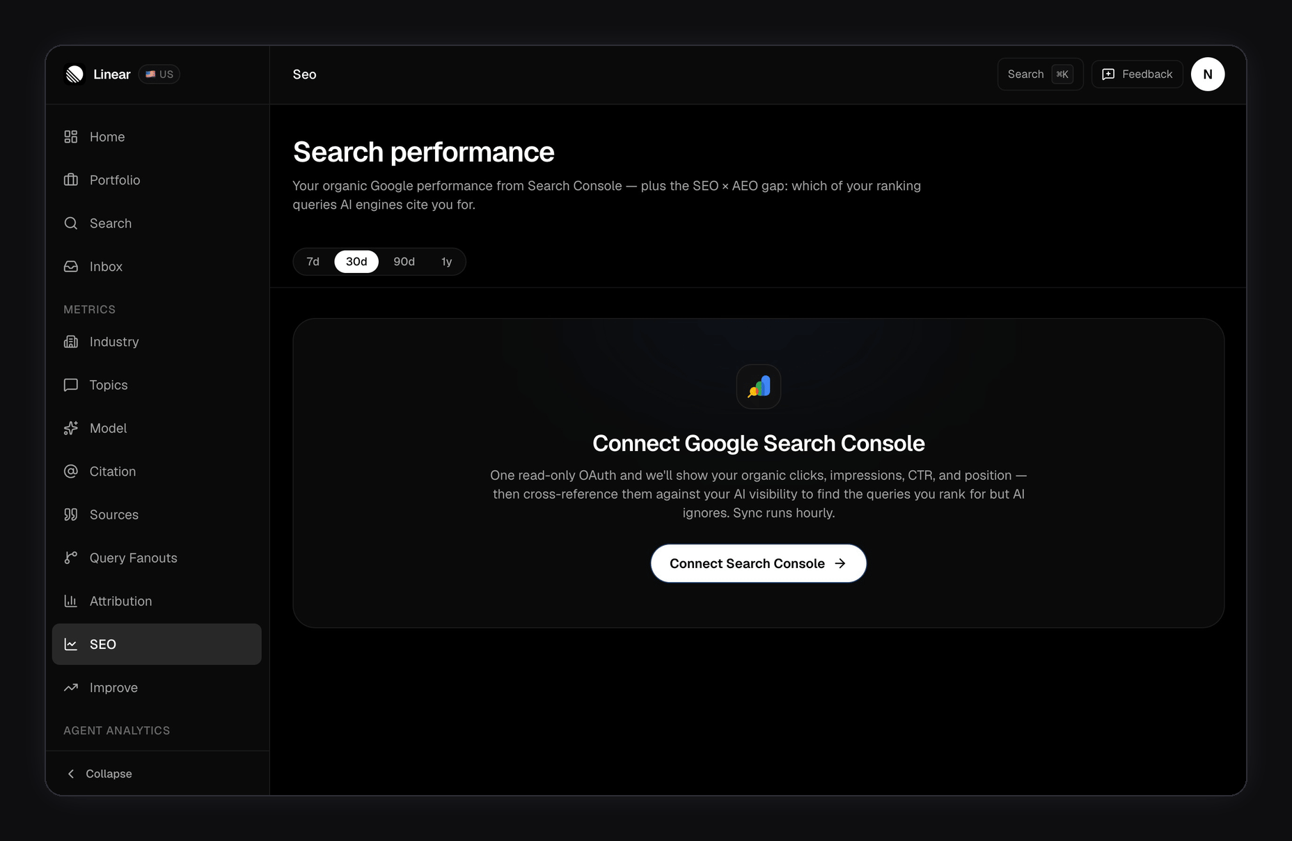 Search performance page with no Search Console connection: a centered card promotes the one-click OAuth to Google Search Console and explains that clicks, impressions, CTR, and position start syncing hourly once connected — plus the SEO-vs-AEO gap surfaces below