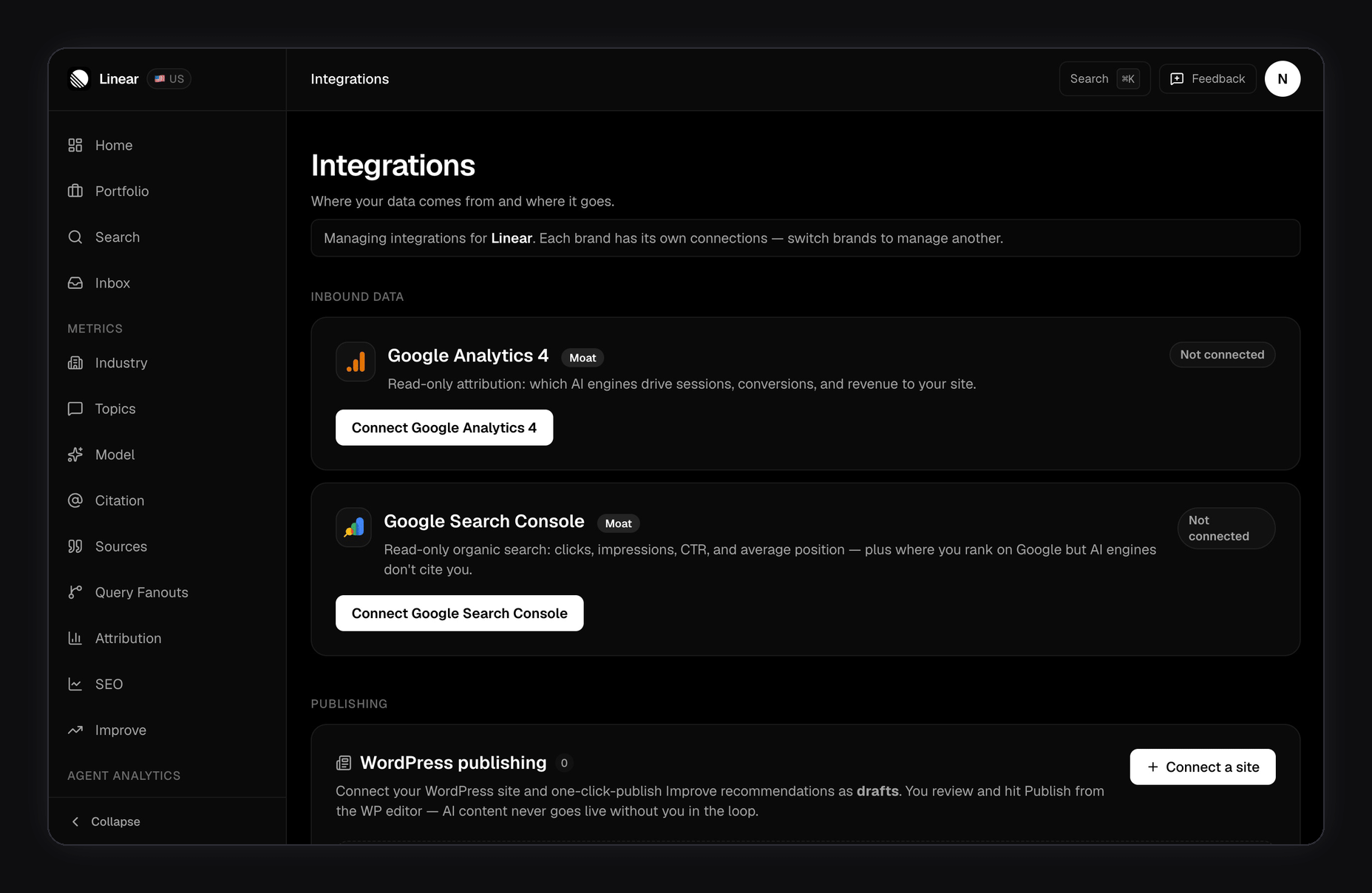 Tour of the FixAEO Integrations page: the Google Search Console inbound card, WordPress publishing section with a Connect a site CTA, and the Outbound Delivery row hosting Slack and generic webhook stubs — the full set of surfaces alongside the Google Analytics 4 card that lives higher on the page