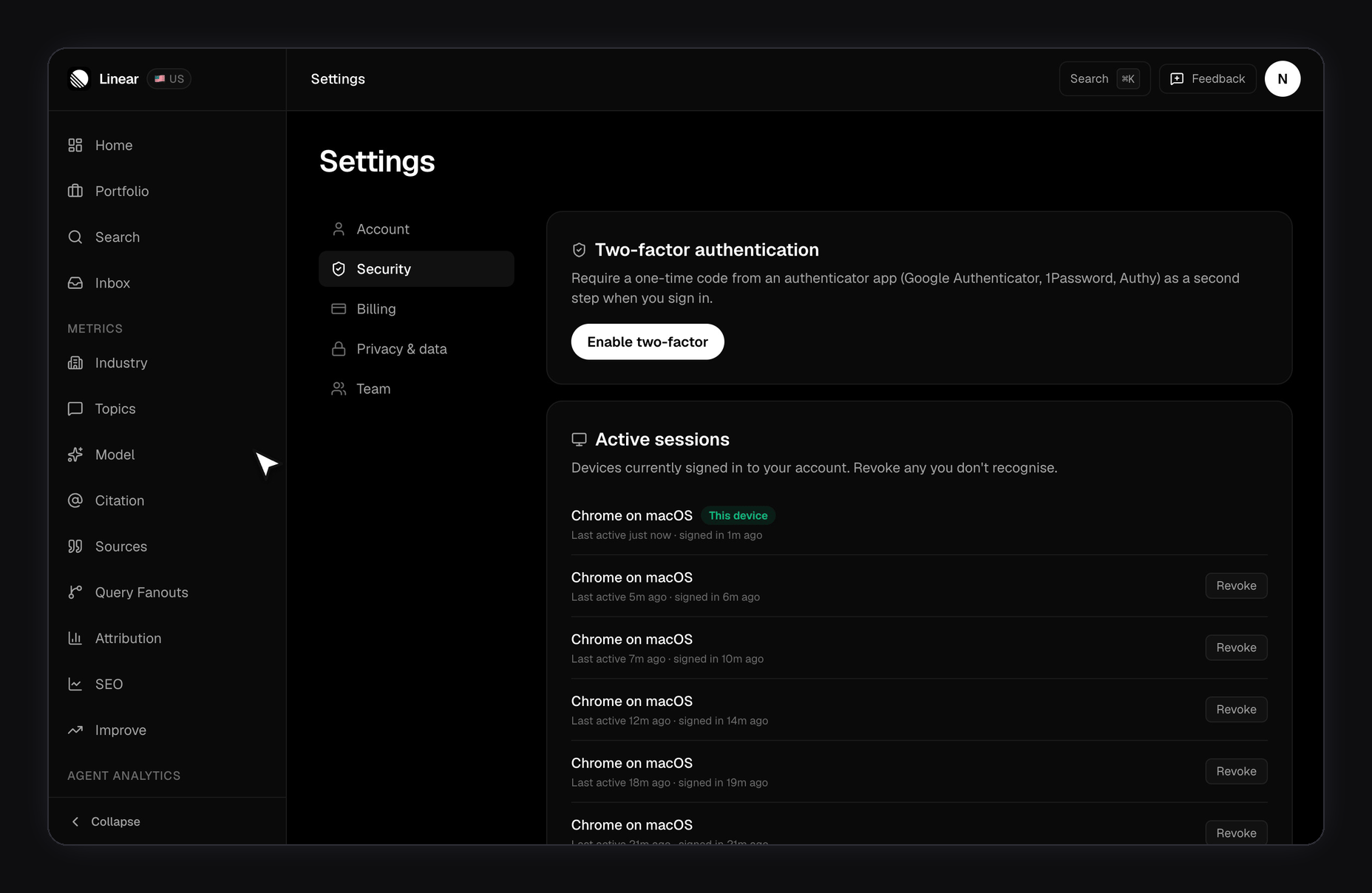 FixAEO Settings — Security scrolled to the API keys card showing 3 of 50 active keys, then clicking Create API key opens a small dialog with a name field to label the key before it's minted