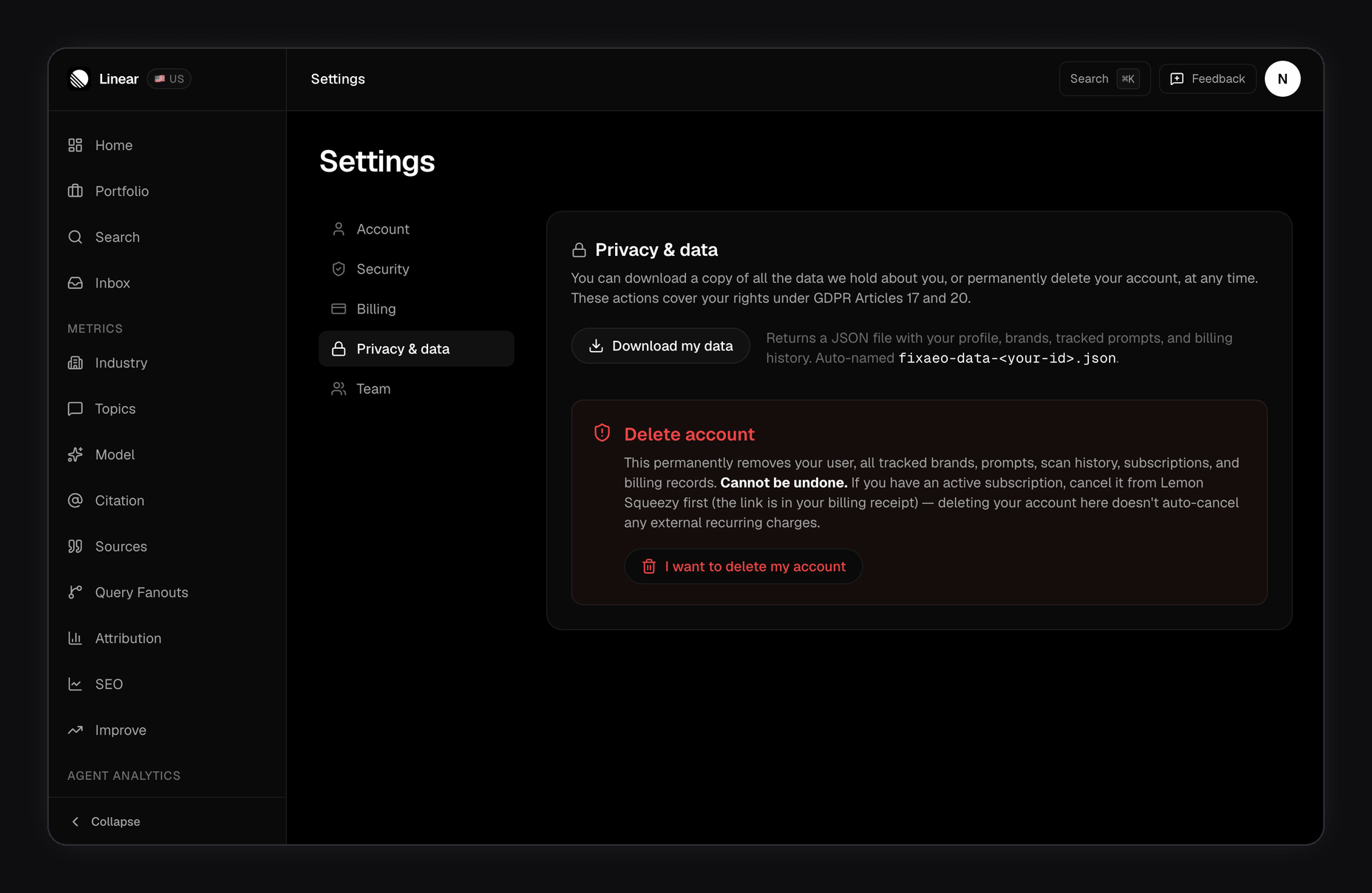 FixAEO Settings — Privacy & data tab showing the Download my data button that returns a JSON file with your profile, brands, tracked prompts, and billing history, named fixaeo-data-<your-id>.json