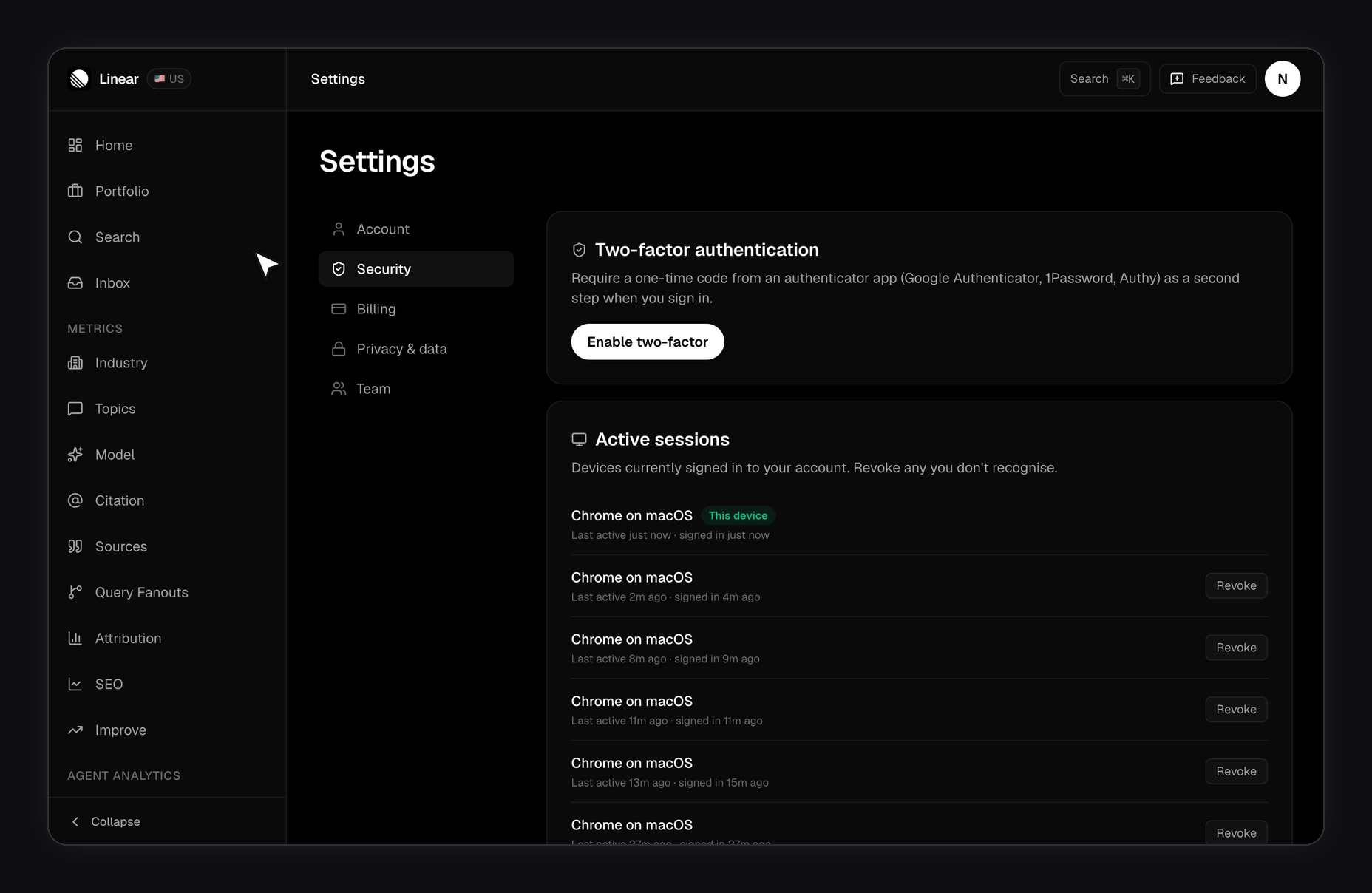 FixAEO Settings — Security tab: Two-factor authentication with an Enable two-factor button, and Active sessions listing every signed-in device with a Revoke button and a This device chip on the current one