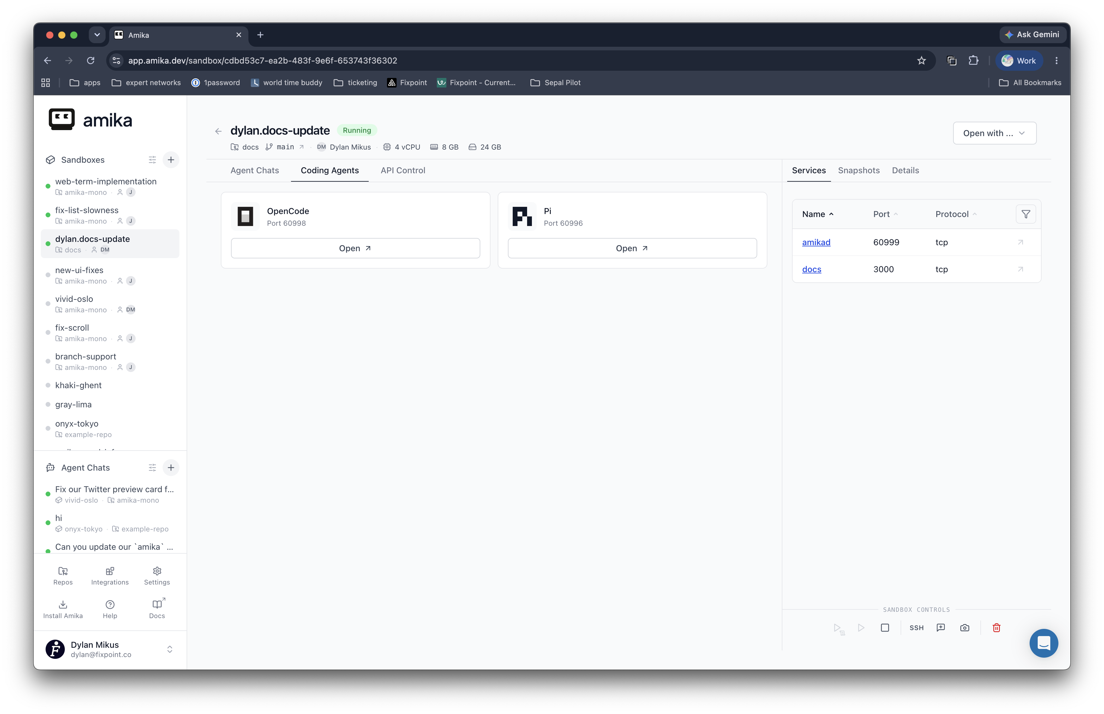 Amika Rig dashboard showing OpenCode and Pi coding agents, exposed services, and Rig controls.