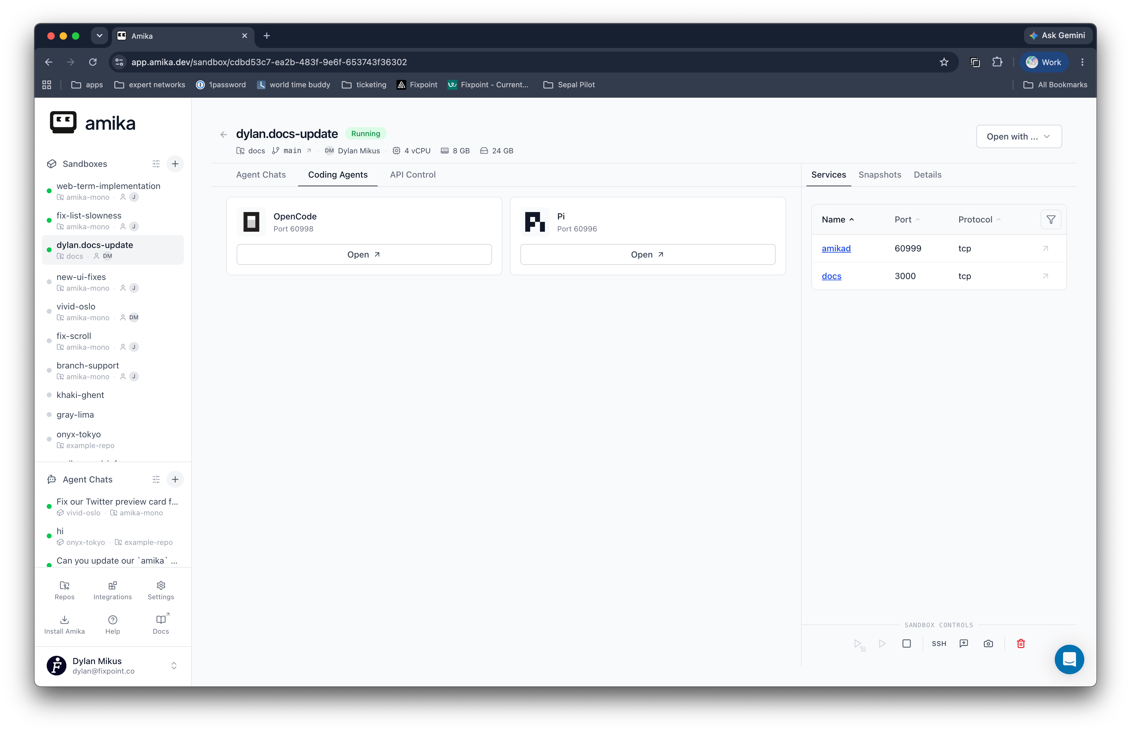 Amika Rig dashboard showing OpenCode and Pi coding agents, exposed services, and Rig controls.