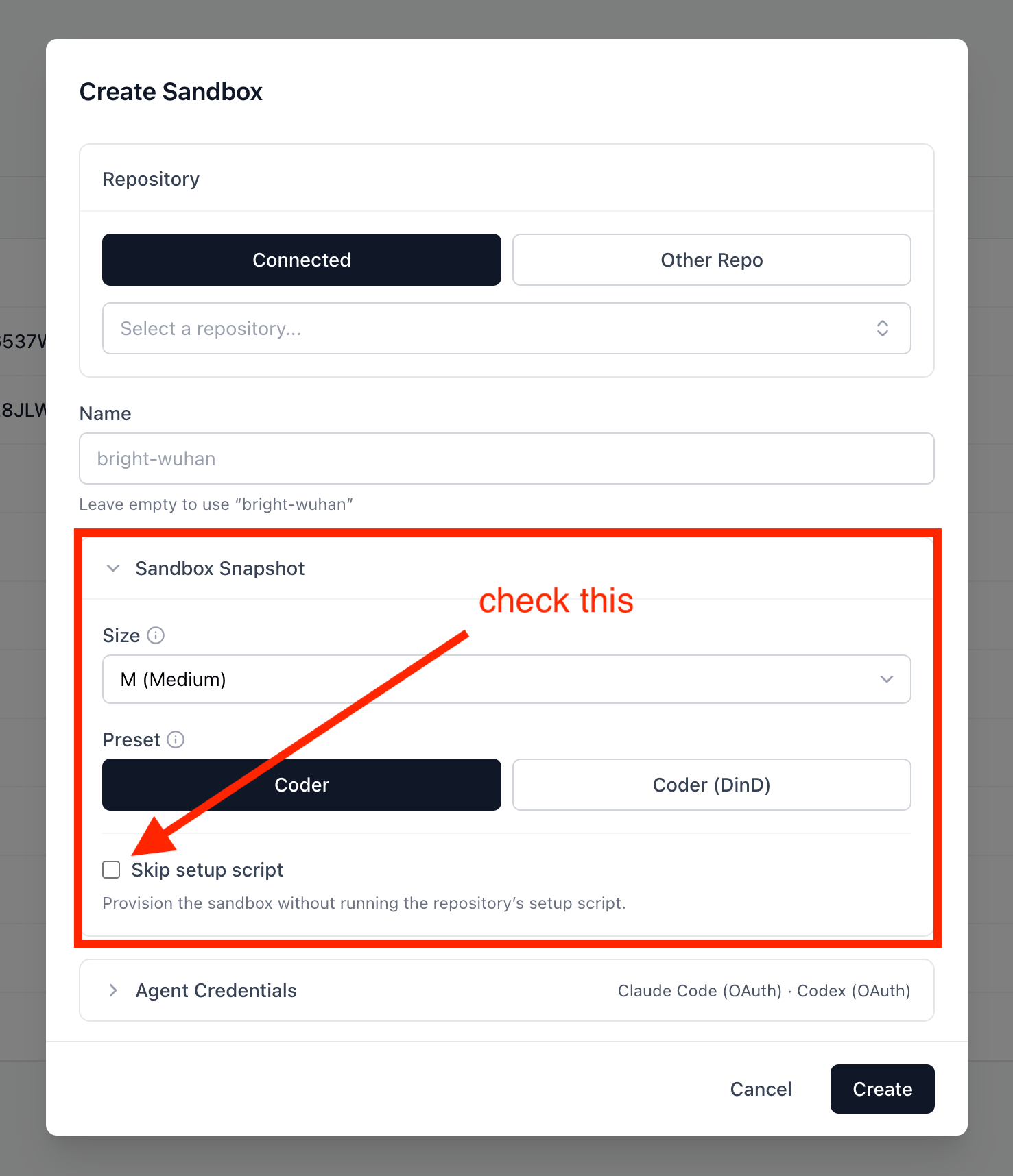 Create Sandbox dialog with Skip setup script checked