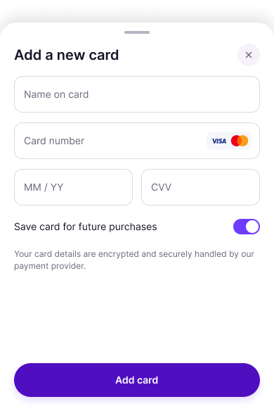 Add a new card sheet with name, number, expiry, CVV fields