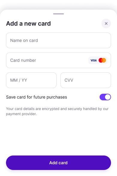 Add a new card sheet with name, number, expiry, CVV fields