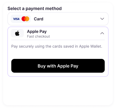 Payment method selector with Card and Apple Pay options