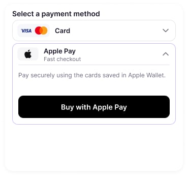 Payment method selector with Card and Apple Pay options