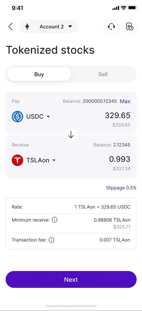 Buy screen paying USDC to receive TSLAon, showing rate, slippage, minimum receive and transaction fee