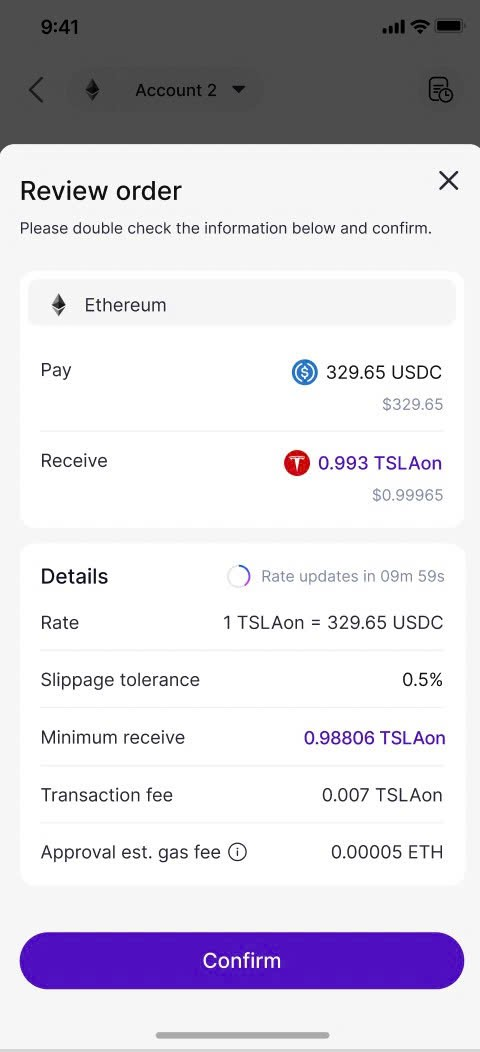 Review order screen on Ethereum with a Confirm button