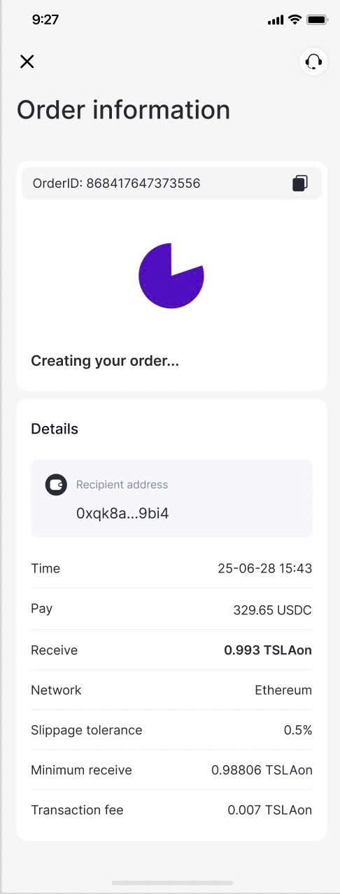 Order information screen showing Creating your order
