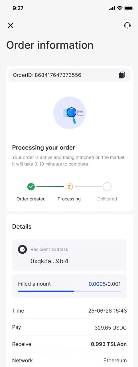 Order information screen showing Processing your order with a filled amount bar
