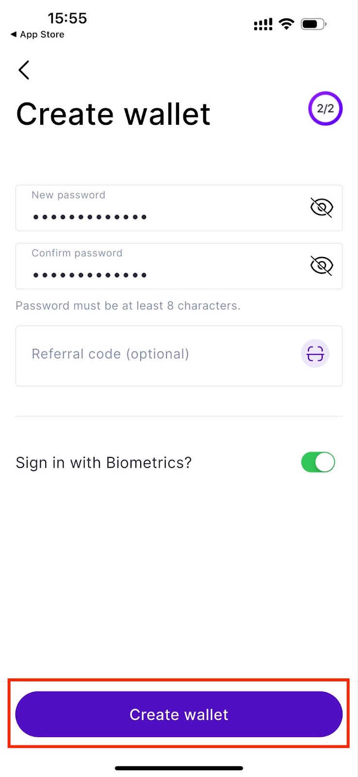 Password, confirm password and referral code fields