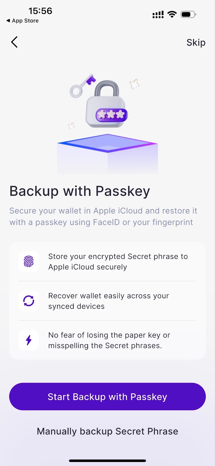 Backup with Passkey screen with an option to back up the secret phrase manually