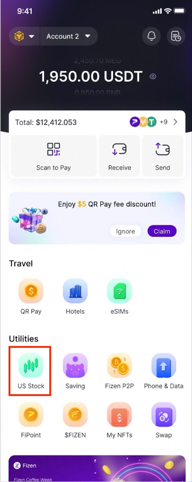 Fizen Super App home screen with the U.S. Stock feature highlighted