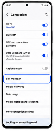 Samsung Connections screen with SIM manager highlighted