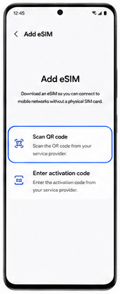 Add eSIM screen with Scan QR code highlighted